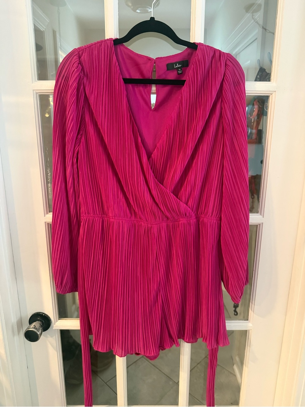 Lulu's Hot Pink Plisse V-Neck Romper
